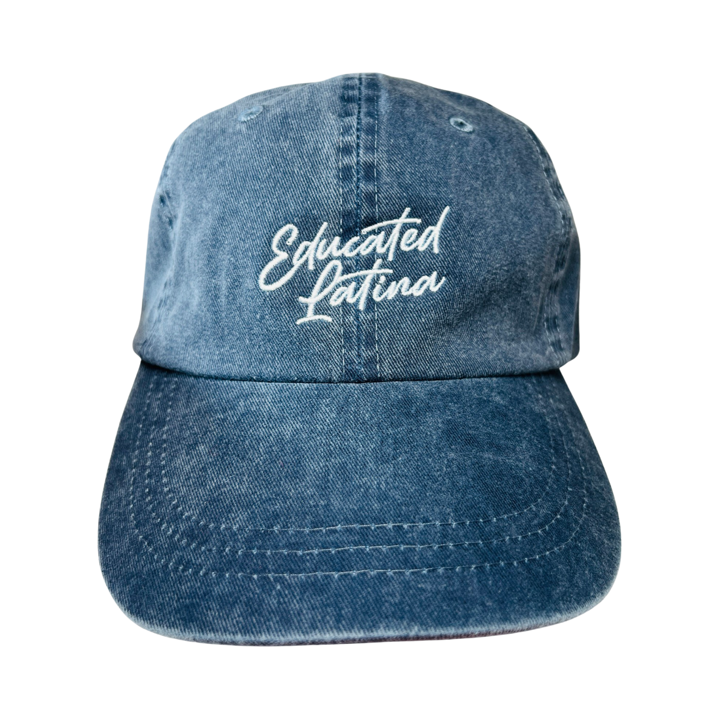 front view of a heathered blue hat with the phrase Educated Latina in white lettering