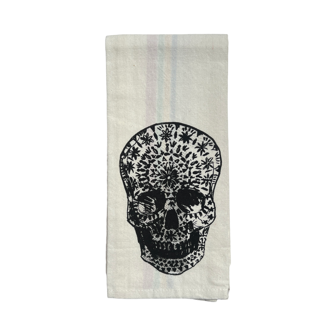 natural flour sack towel folded in quarters with a black and white image of a decorated human skull.