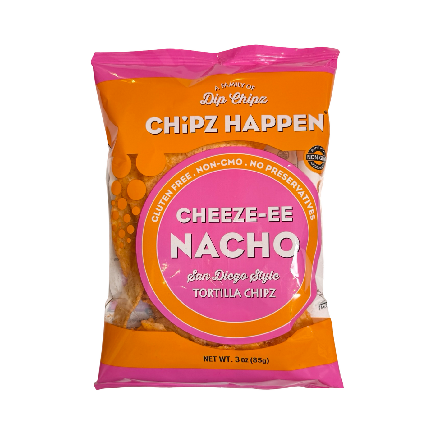  A vibrant orange and pink 3oz bag of Chipz Happen tortilla chips labeled “Cheeze-ee Nacho – San Diego Style.” 