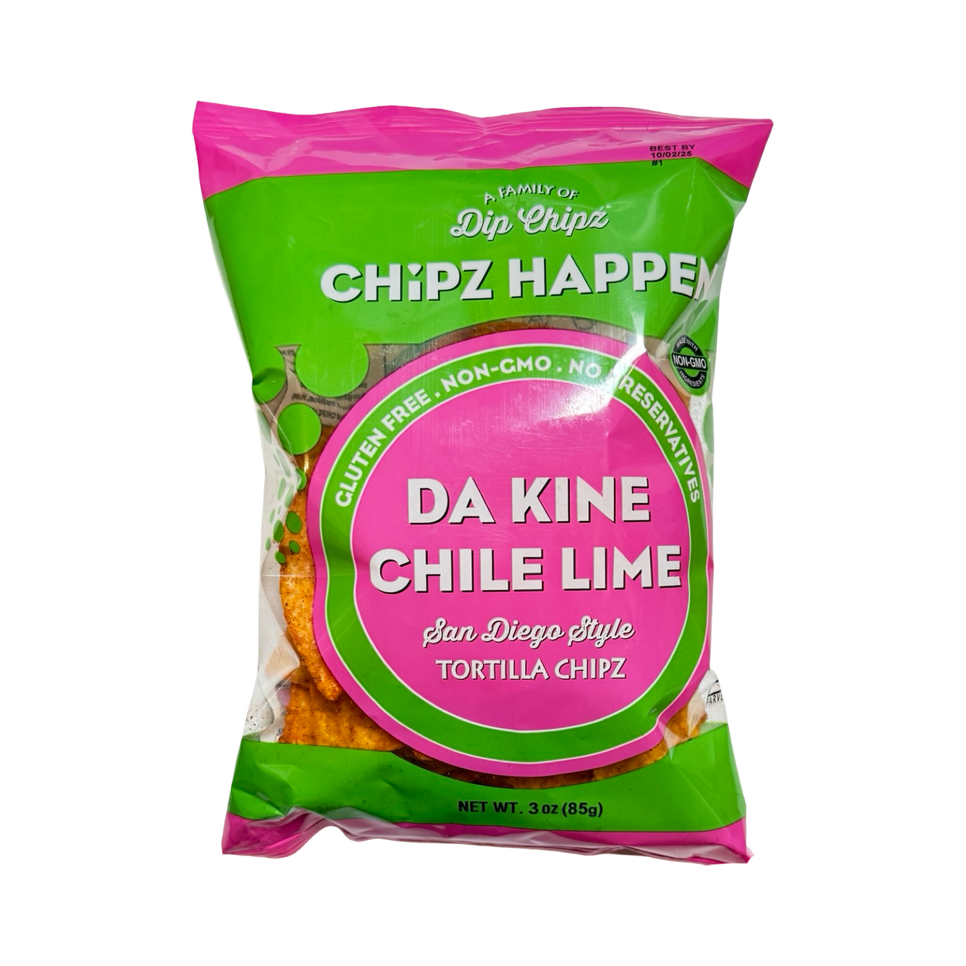 A bright green and pink 3 oz bag of Chipz Happen tortilla chips labeled “Da Kine Chile Lime – San Diego Style.