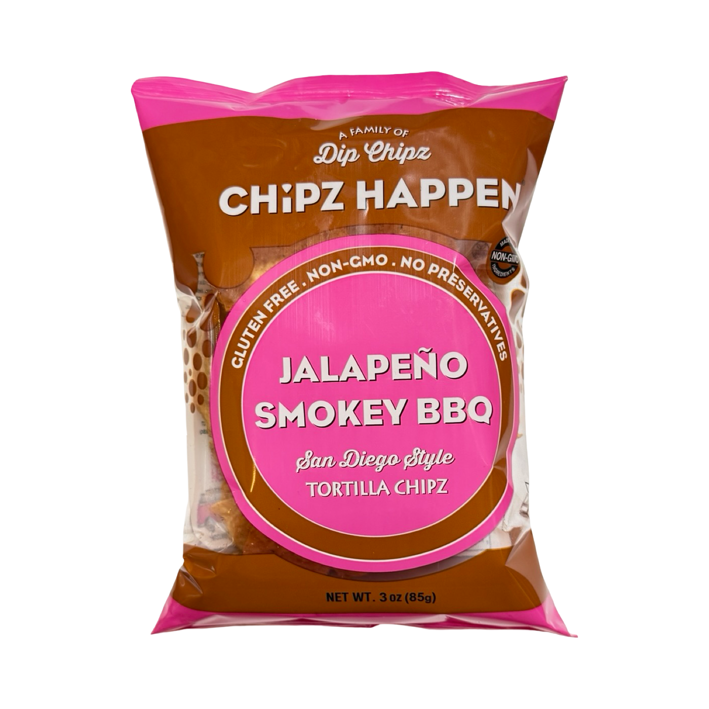 A bold brown and pink3 oz  Chipz Happen tortilla chip bag labeled “Jalapeño Smokey BBQ – San Diego Style.