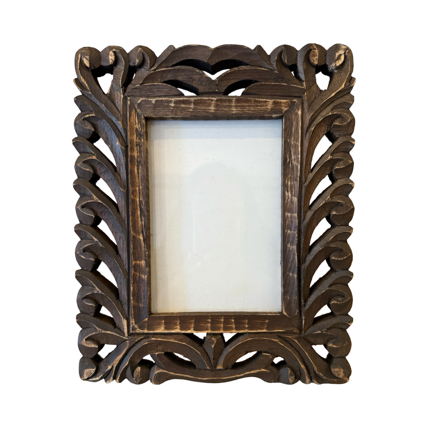 wooden photo frame that features a hand carved design
