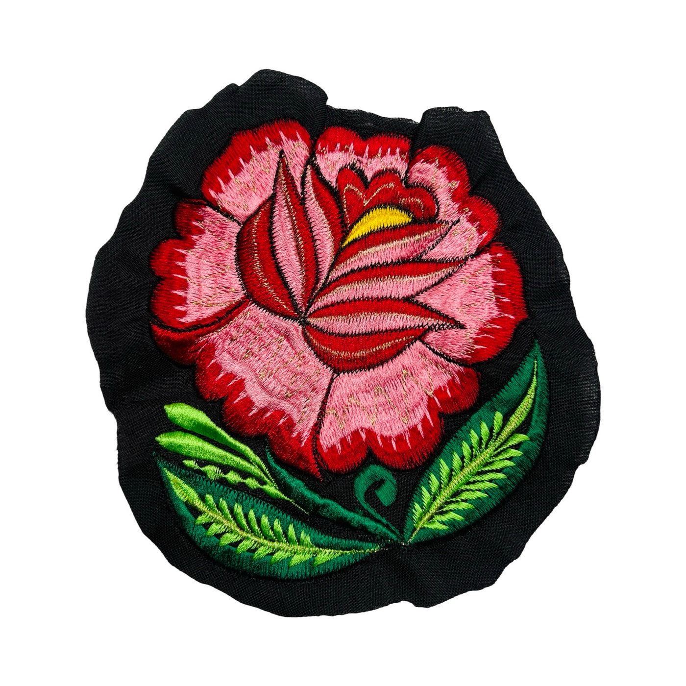 Woven red and light pink flower embroidered on black fabric.