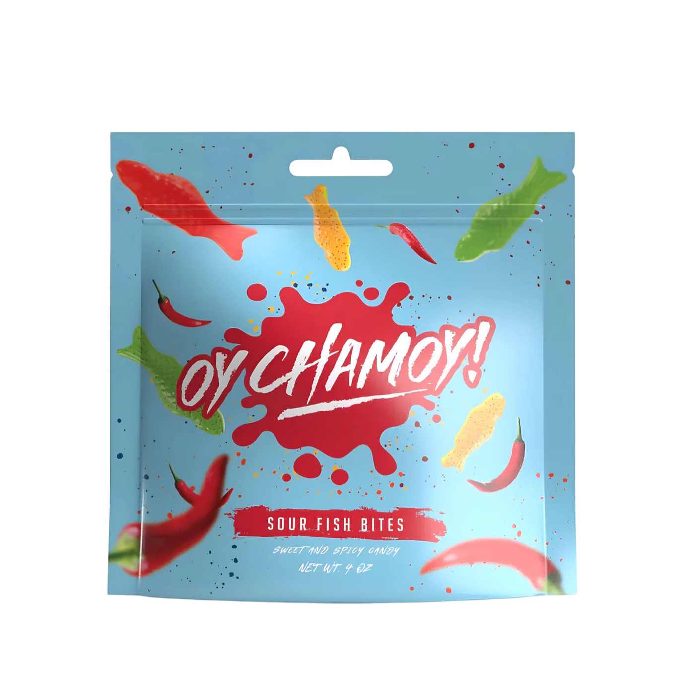 4 oz light blue bag of sour fish bites that features images of gummy fish candy and red chile peppers.