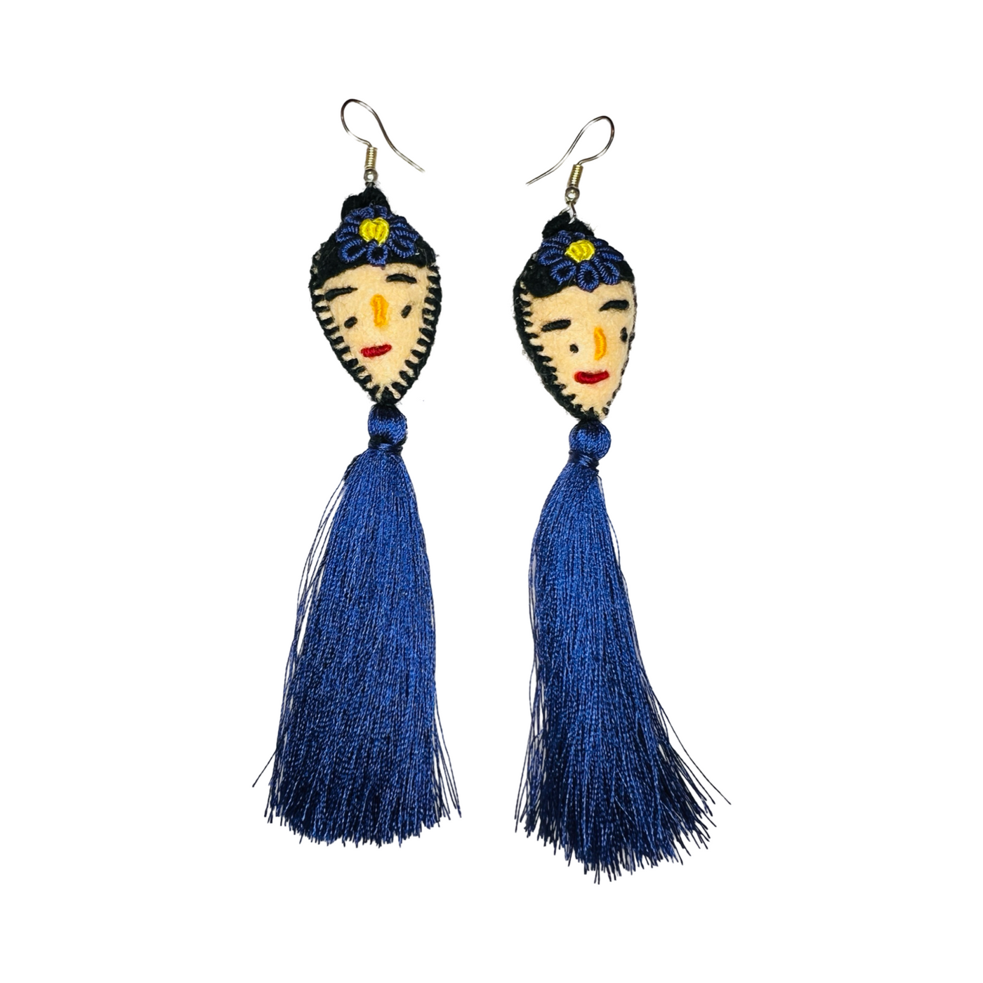 Blue set of felt Frida Kahlo tassle earrings.
