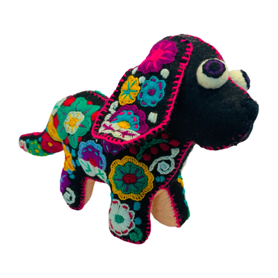 black felt dachshund dog doll with embroidered multi-colored floral design