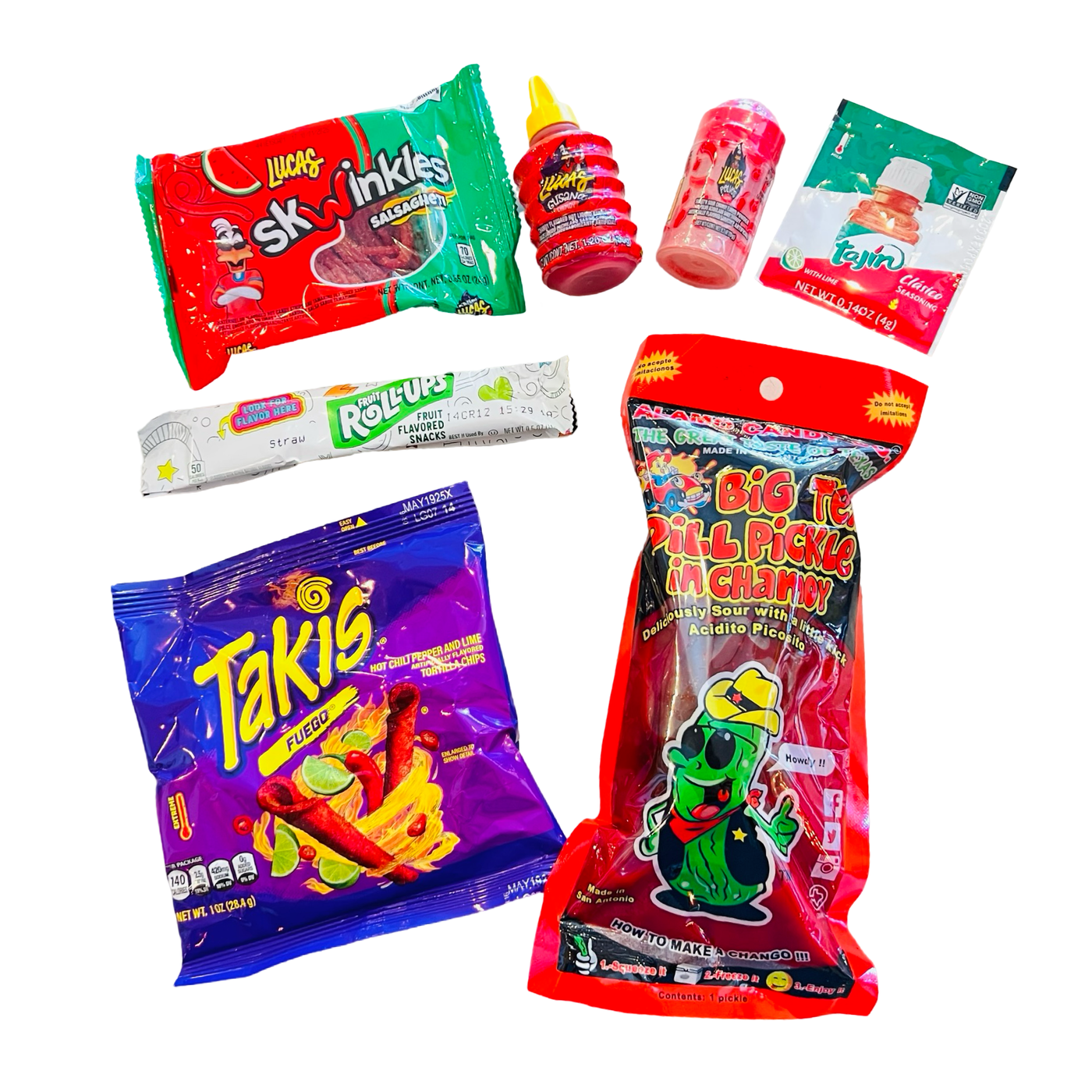 various Mexican candy and a chamoy pickle on a white backgorund