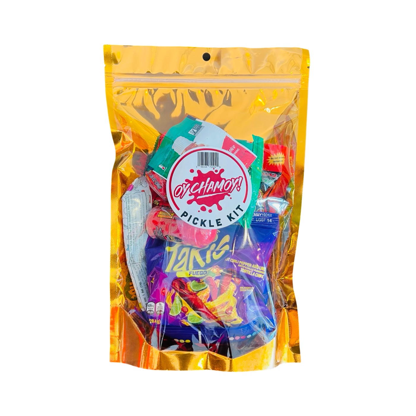 oy chamoy pickle kit in a gold package with a clear window that displays various Mexican Candy.