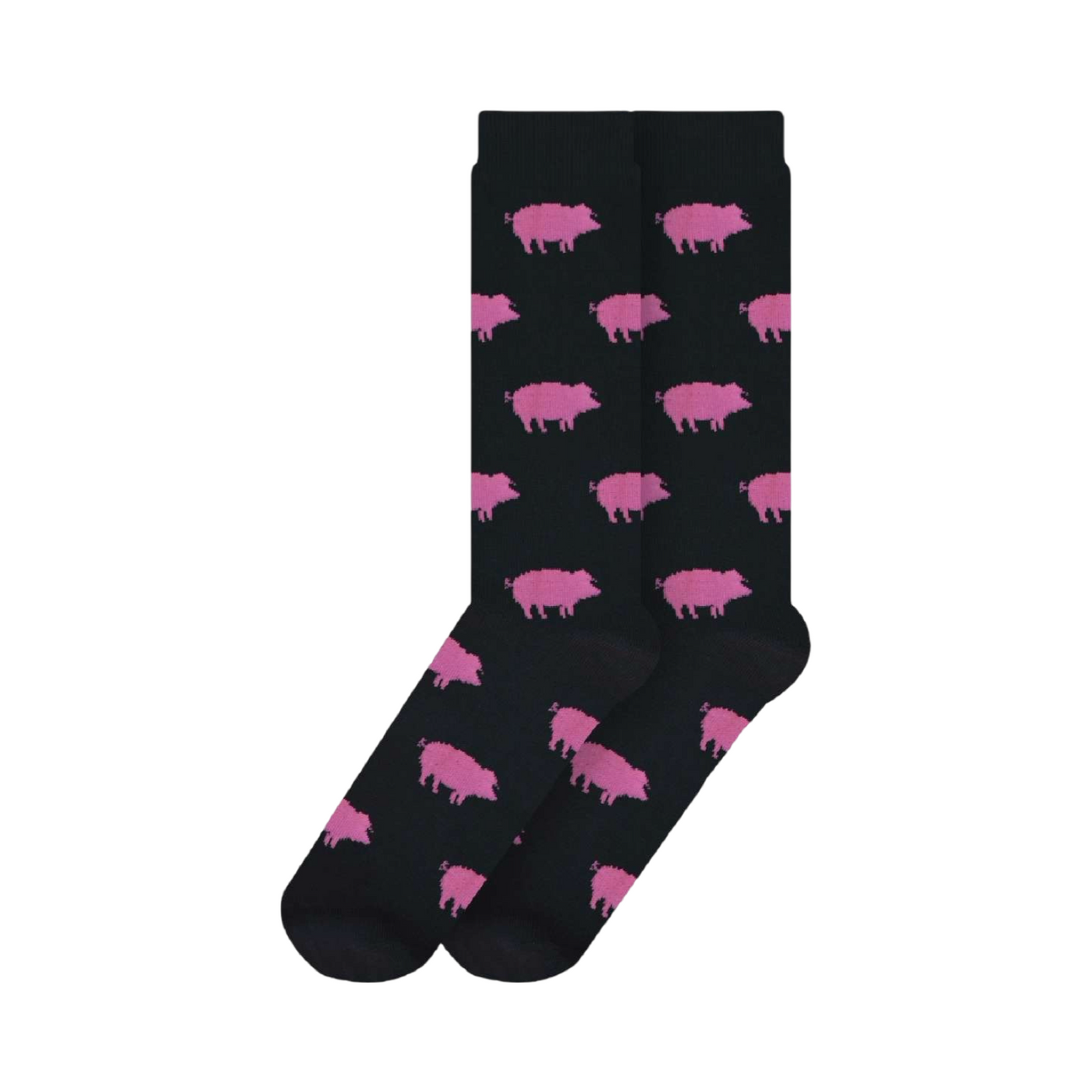 Pair of dark grey socks with images of pink pigs