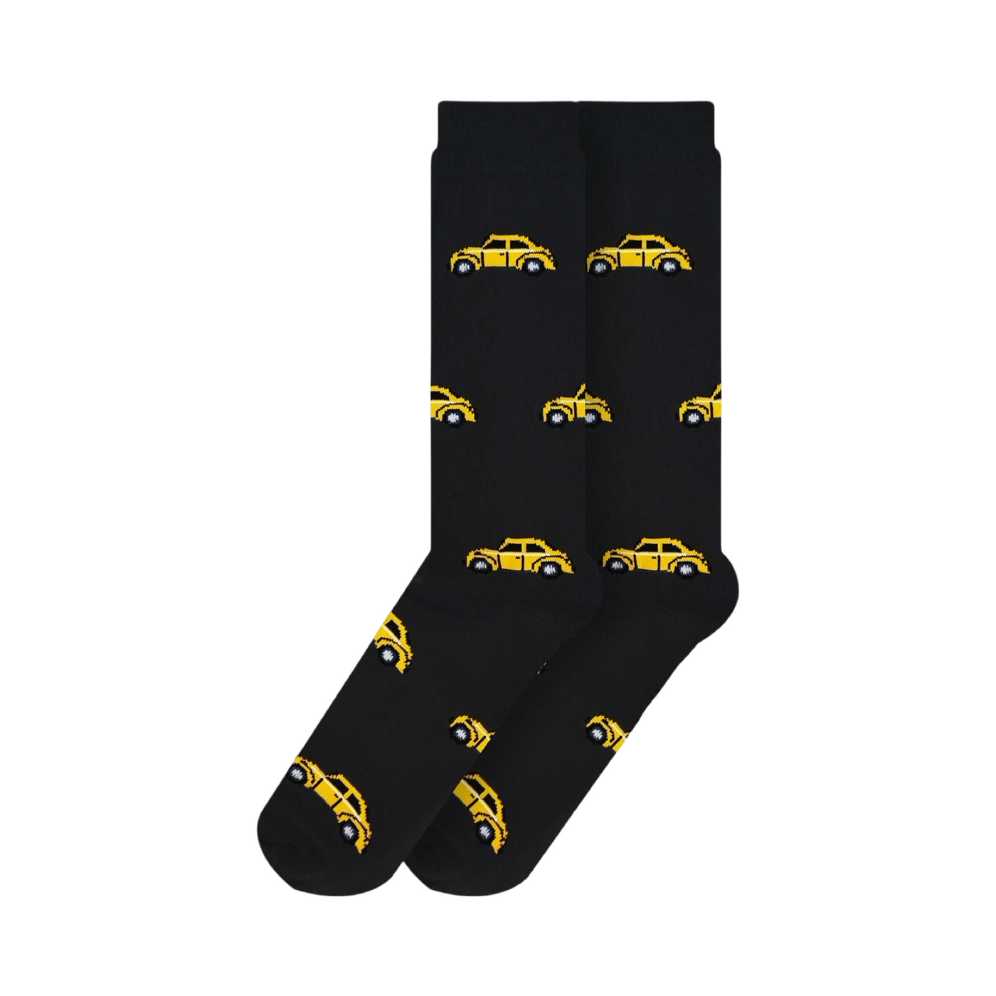 Pair of black socks with yellow VW bugs.