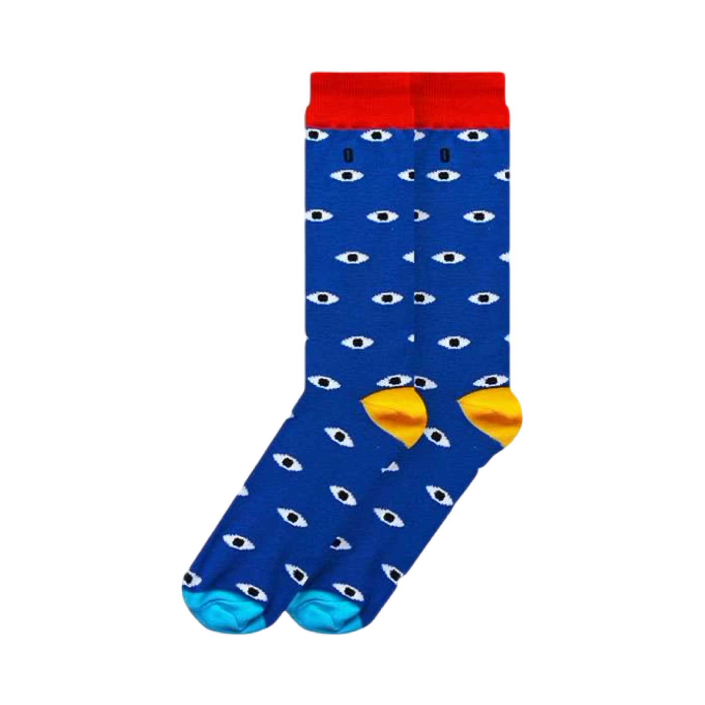 Pair of blue socks with images of eyes