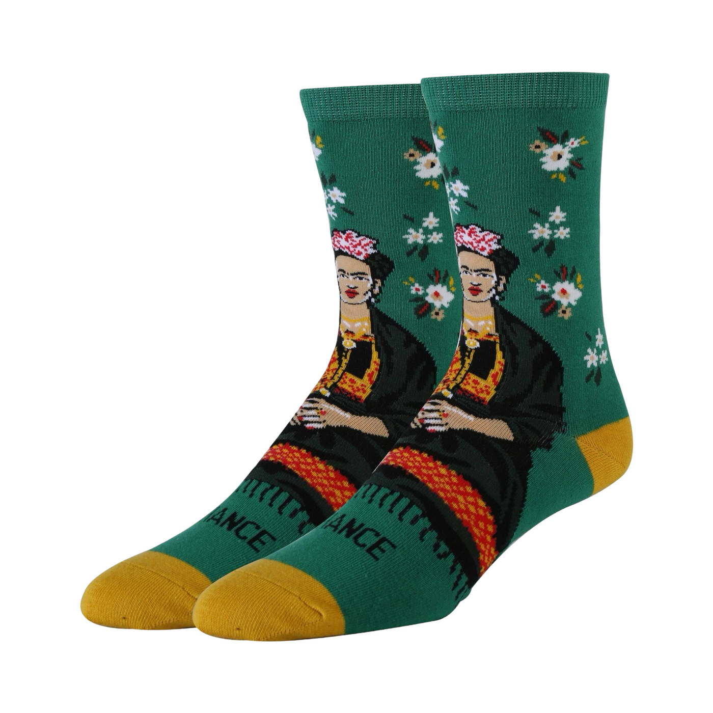 Pair of green socks with yellow block on toes and heel featuring an image of Frida Kahlo surrounded by white flowers.