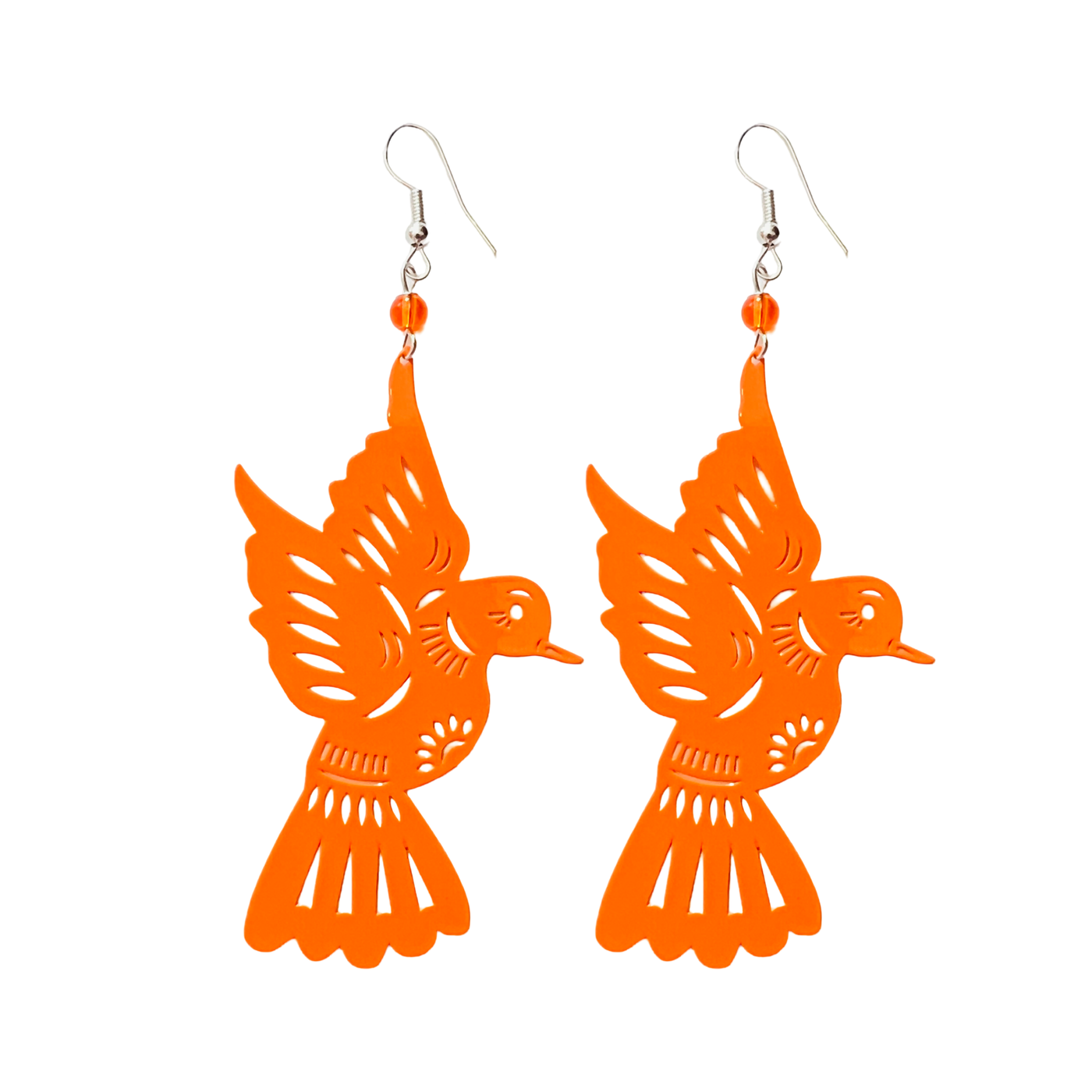 orange hummingbird earrings cut in a papel picado design.