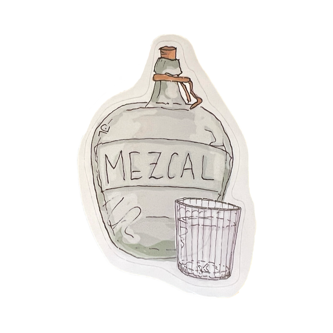 Sticker of a Mezcal jug with "Mezcal" written on it, paired with a clear shot glass.