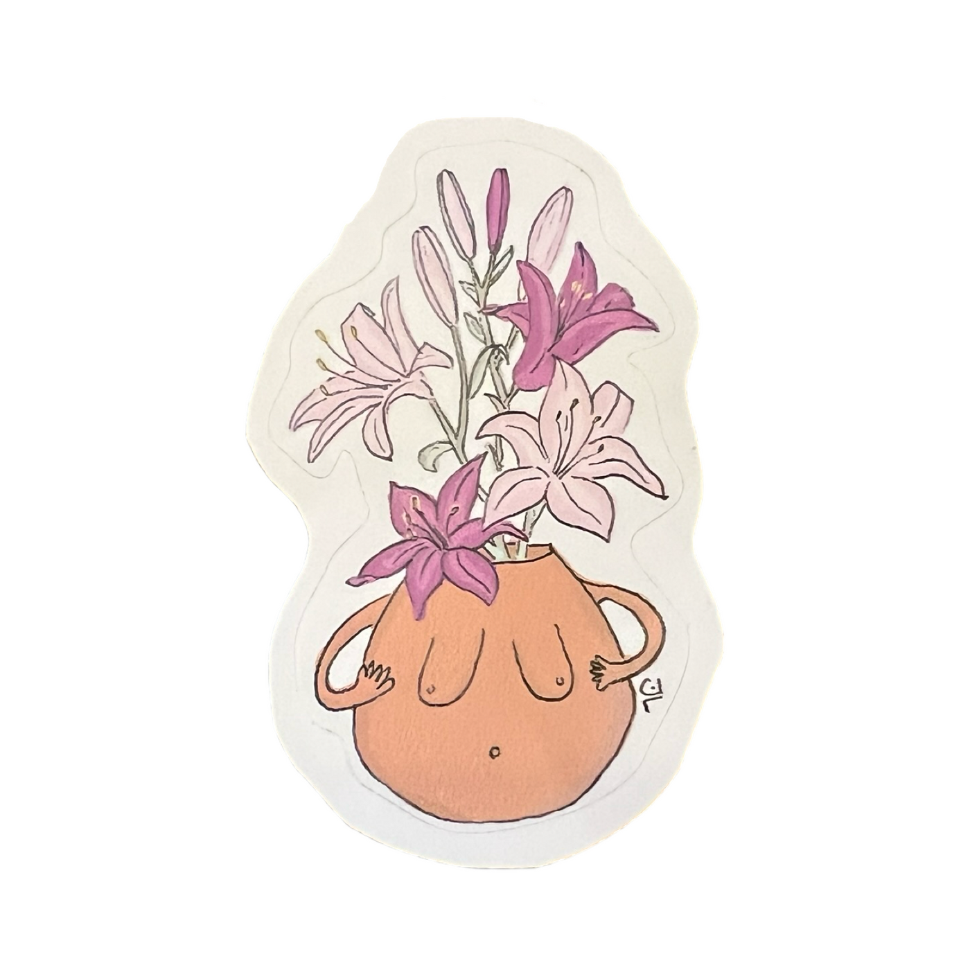 Sticker of a terracotta pot with playful arms and a pair of breasts, decorated with pink blooming lilies extending outward