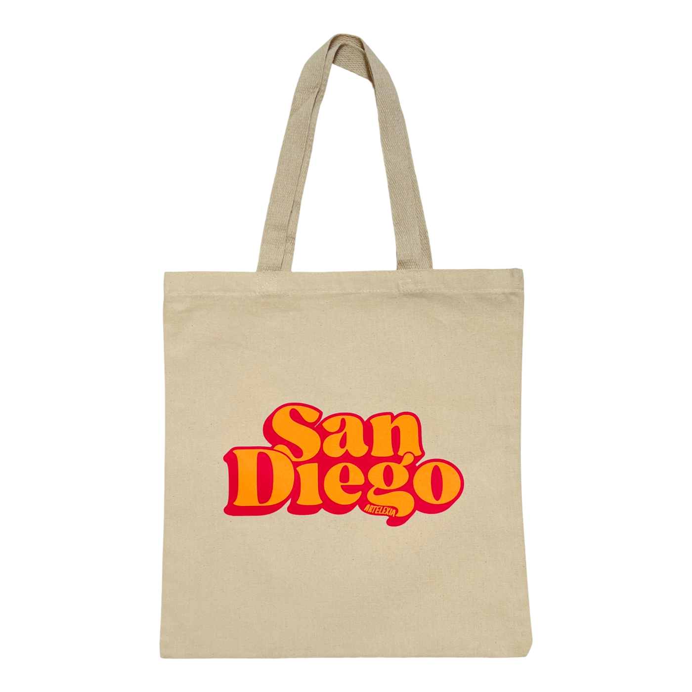 Biege canvas tote bag with the name San Diego in orange and pink lettering