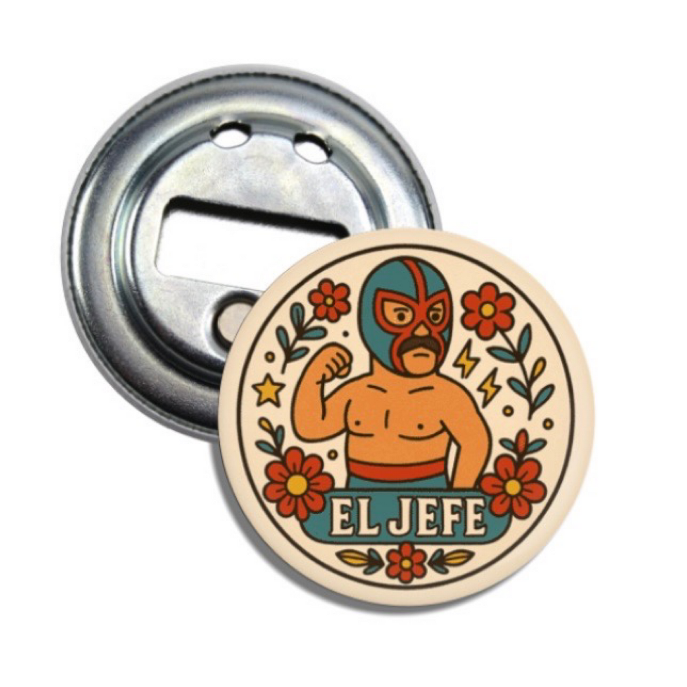 Set of round bottle openers featuring a colorful illustration of a masked luchador flexing his arm, surrounded by flowers, stars, and lightning bolts, with the words "EL JEFE" displayed at the bottom.