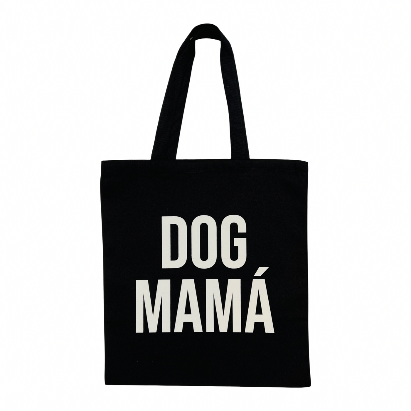 black canvas tote bag with the phrase Dog Mama in white lettering