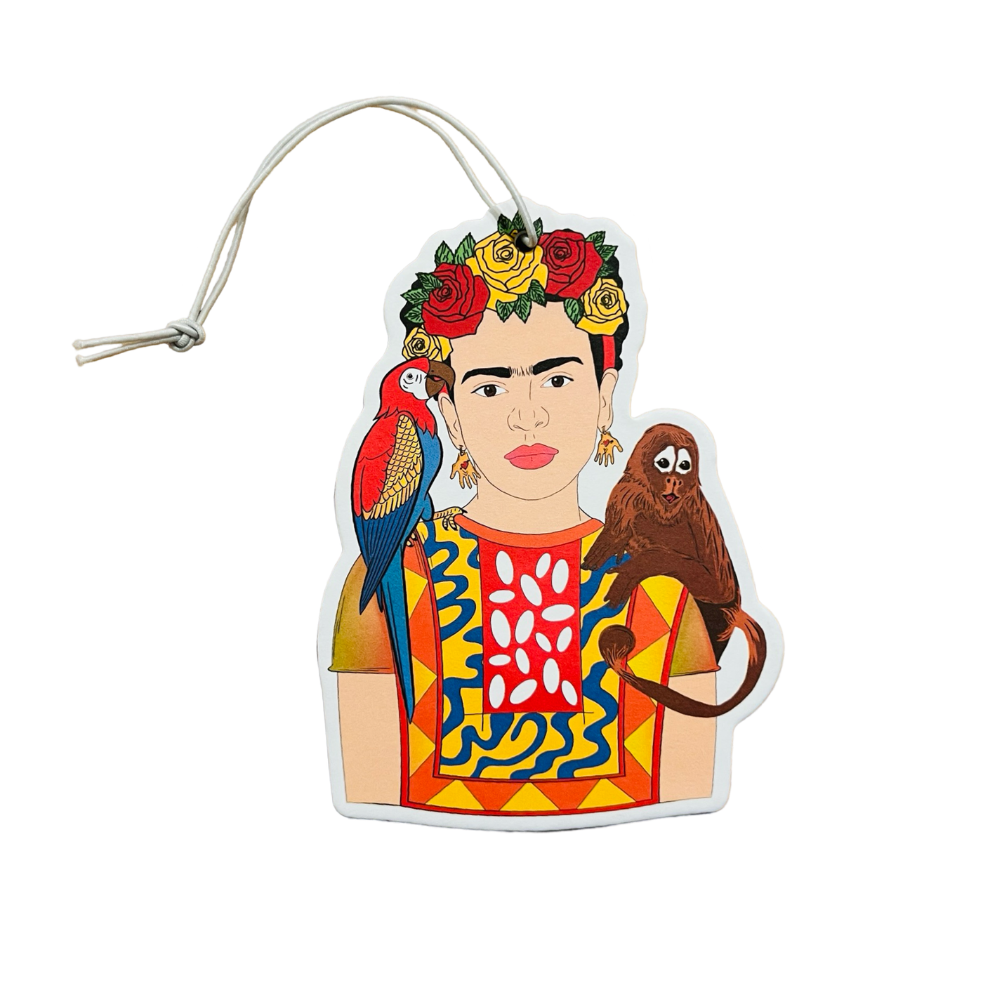 Frida Kahlo in a yellow embroidered top with a red flower crown and parrot and a monkey on her shoulder as an air freshener.