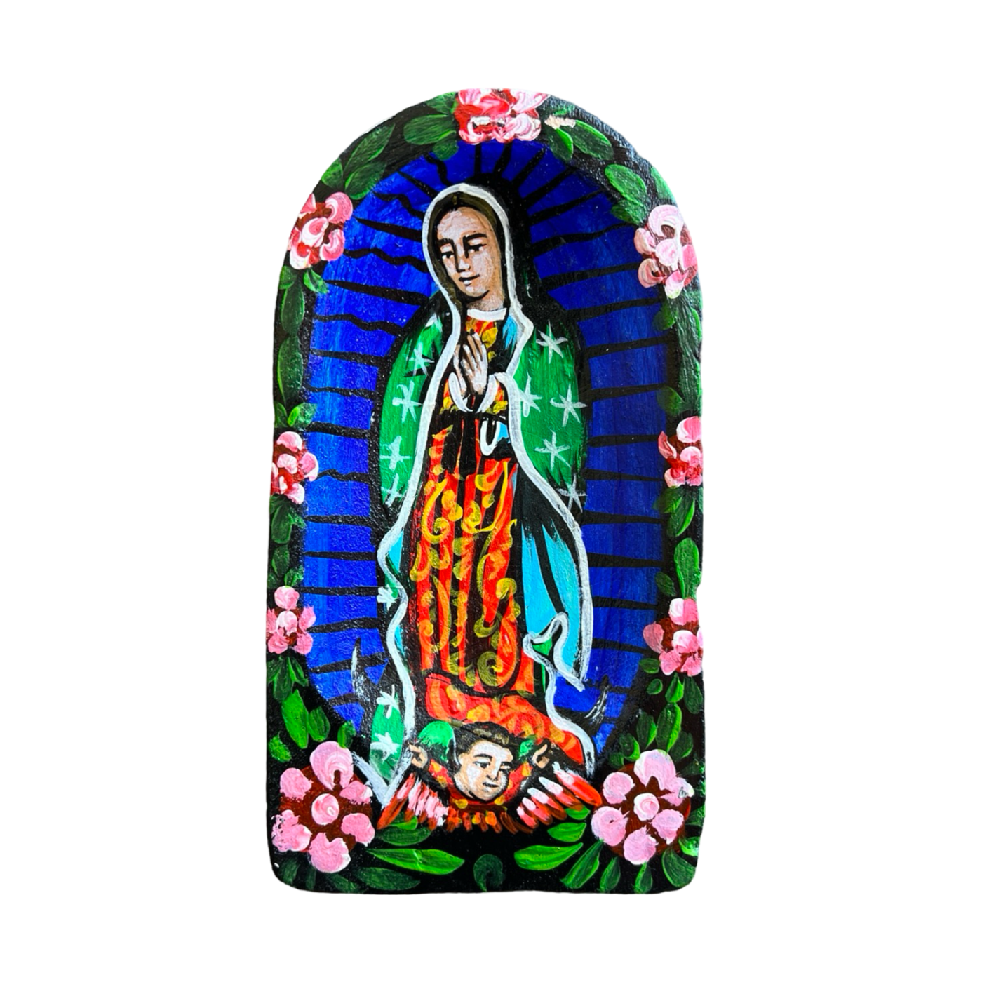 a wooden batea handpainted with an image of the VIrgin Mary