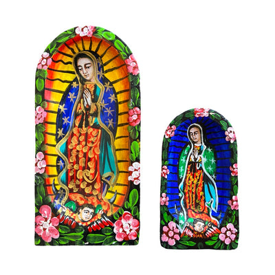 set of a wooden batea handpainted with an image of the VIrgin Mary