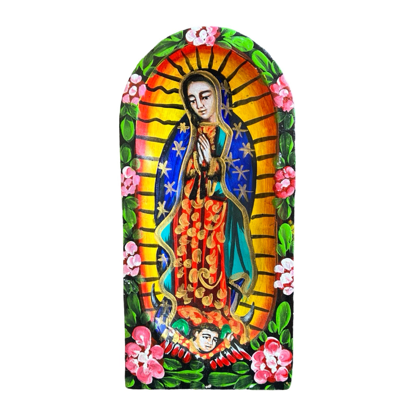 a wooden batea handpainted with an image of the VIrgin Marya wooden batea handpainted with an image of the VIrgin Mary