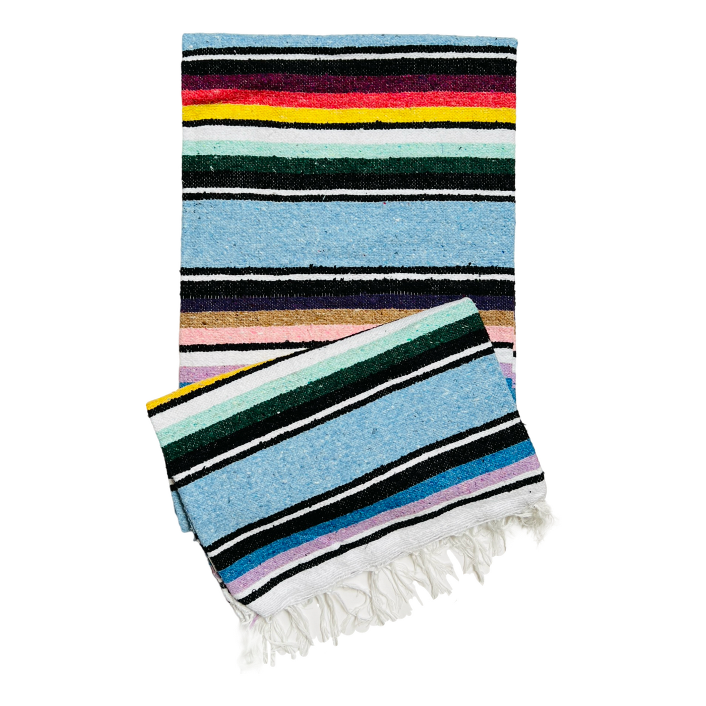 light blue serape striped blanket folded in half.