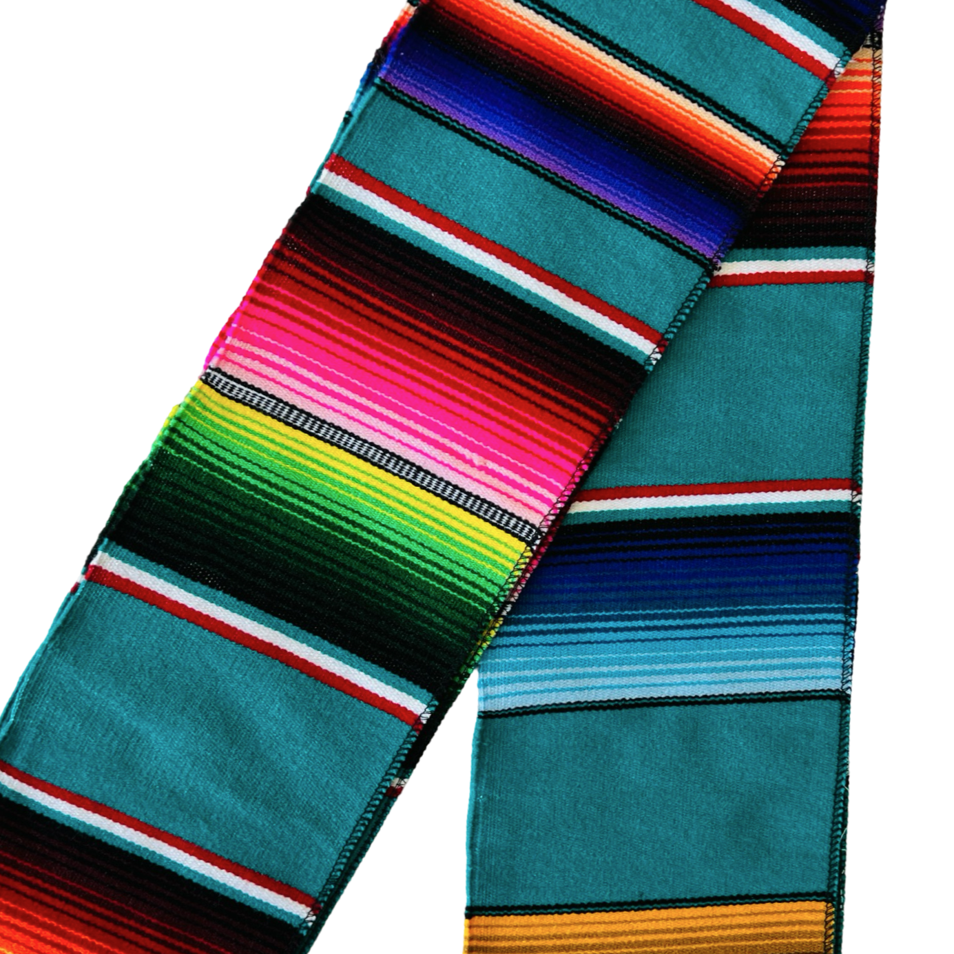 teal serape striped stole folded in half.