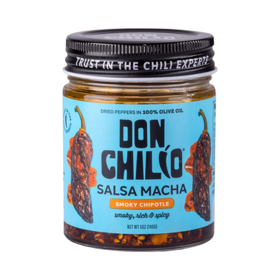 5oz Jar of Don Chilio Salsa Macha Smoky Chipotle with blue label, featuring dried chipotle peppers and black lid