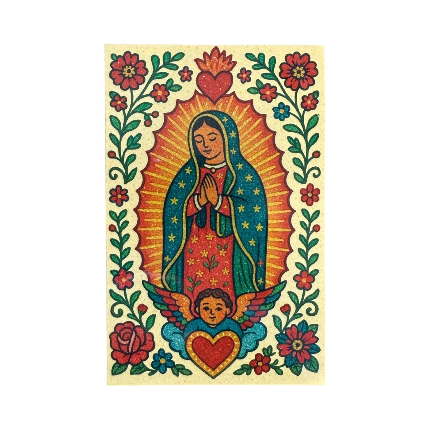 Colorful sticker of Our Lady of Guadalupe with a radiant golden aura, surrounded by red and blue flowers, green leaves, a sacred heart, and a cherub with wings.