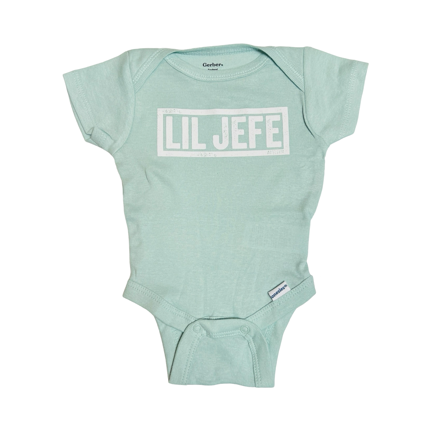 mint onesie with the phrase Lil Jefe in white lettering