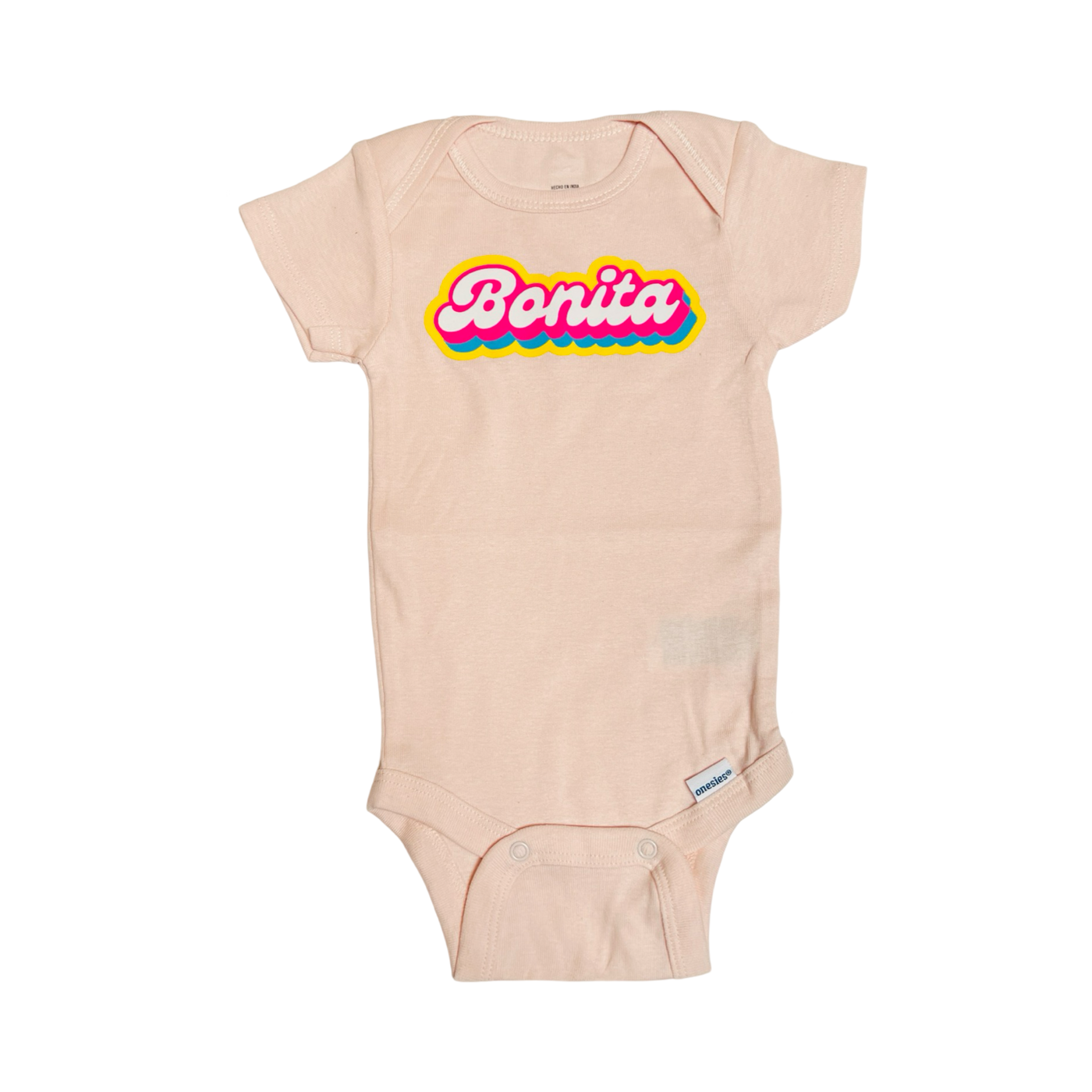 Light pink Onesie with the phrase Bonita in white lettering outlined with pink, yellow and blue