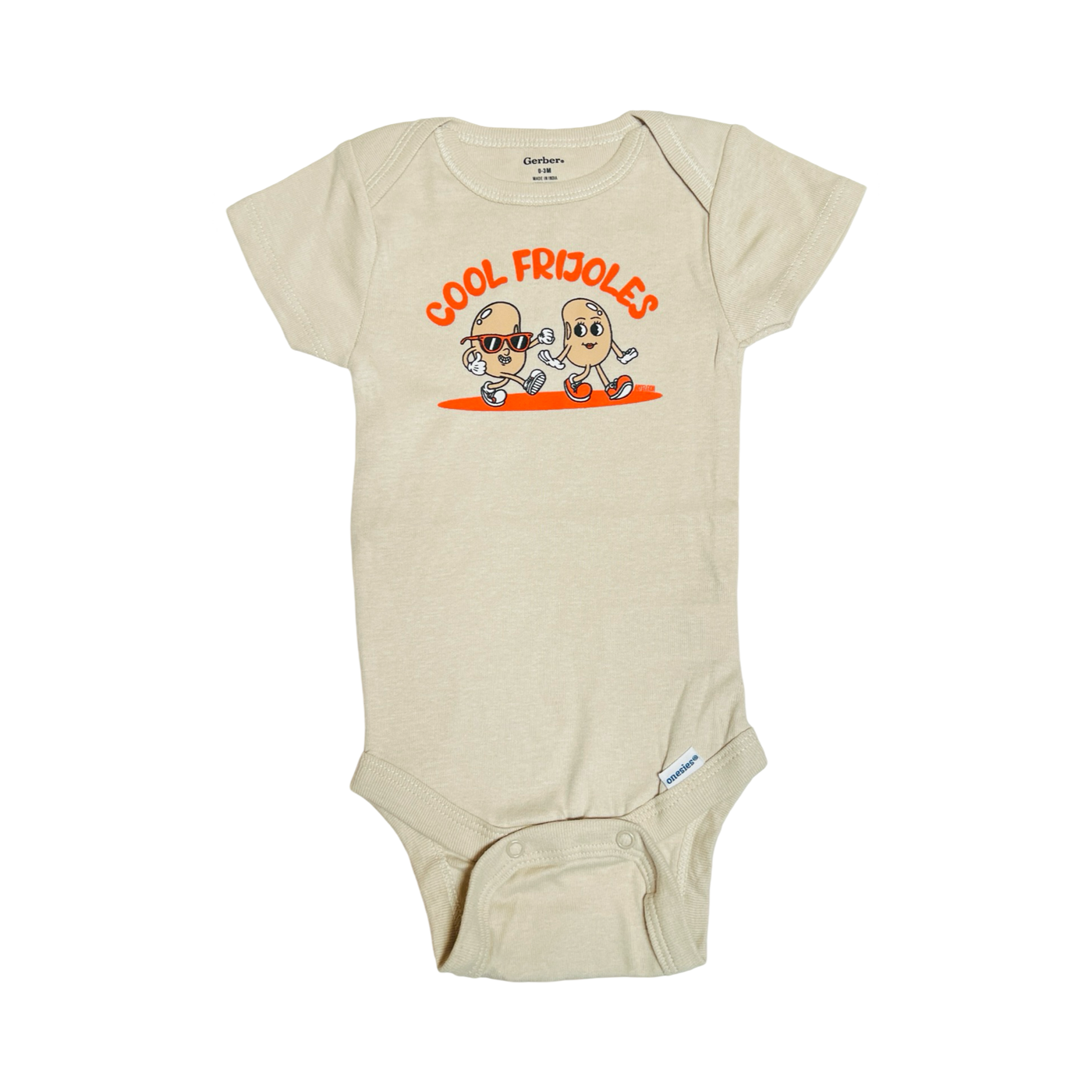 Beige onesie with an image of two animated beans with the phrase Cool Frijoles in orange lettering.