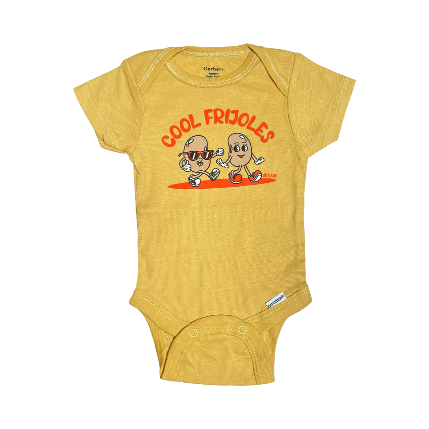 mustard onesie with an image of two animated beans with the phrase Cool Frijoles in orange lettering.