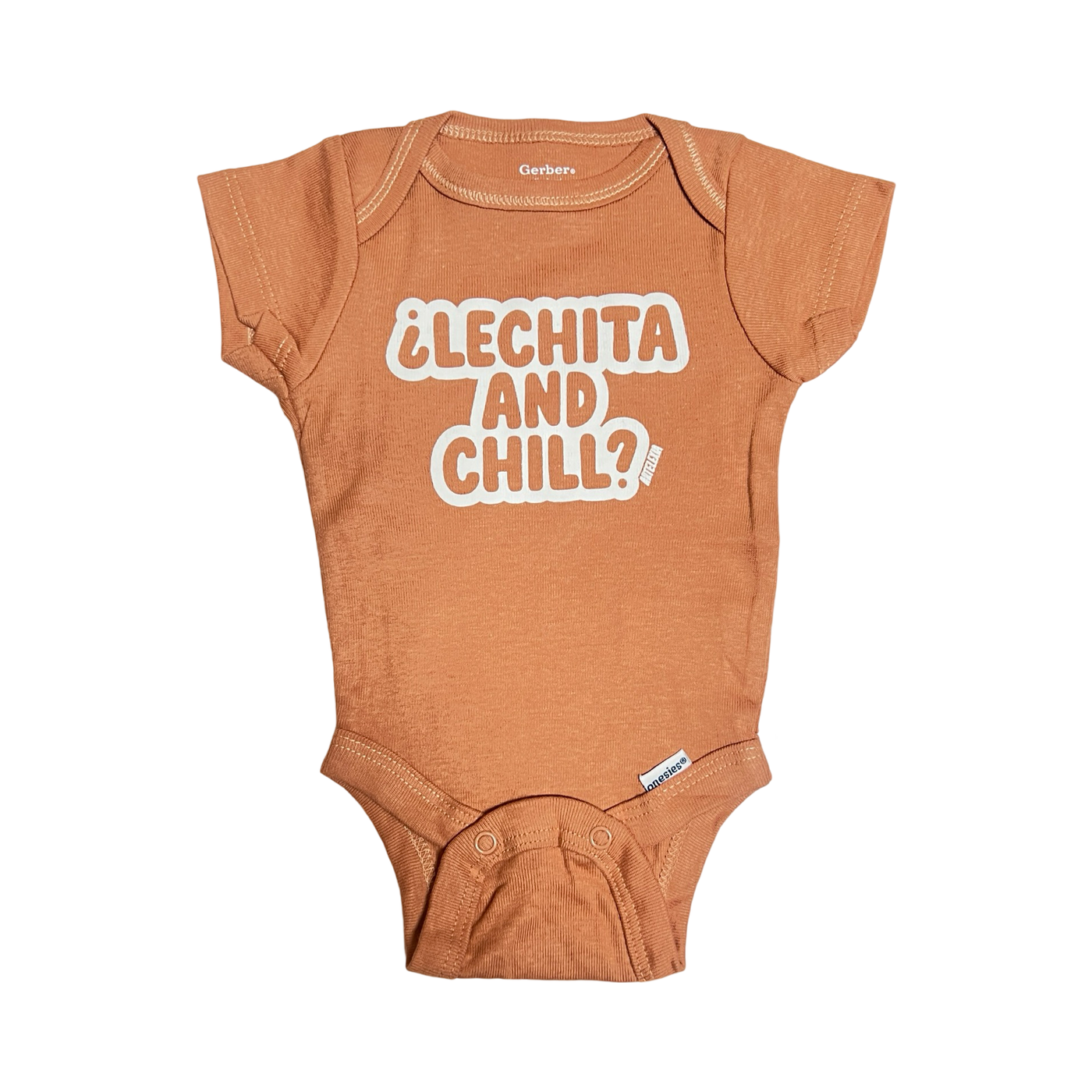 coral onesie with the phrase Lechita and Chill in white lettering