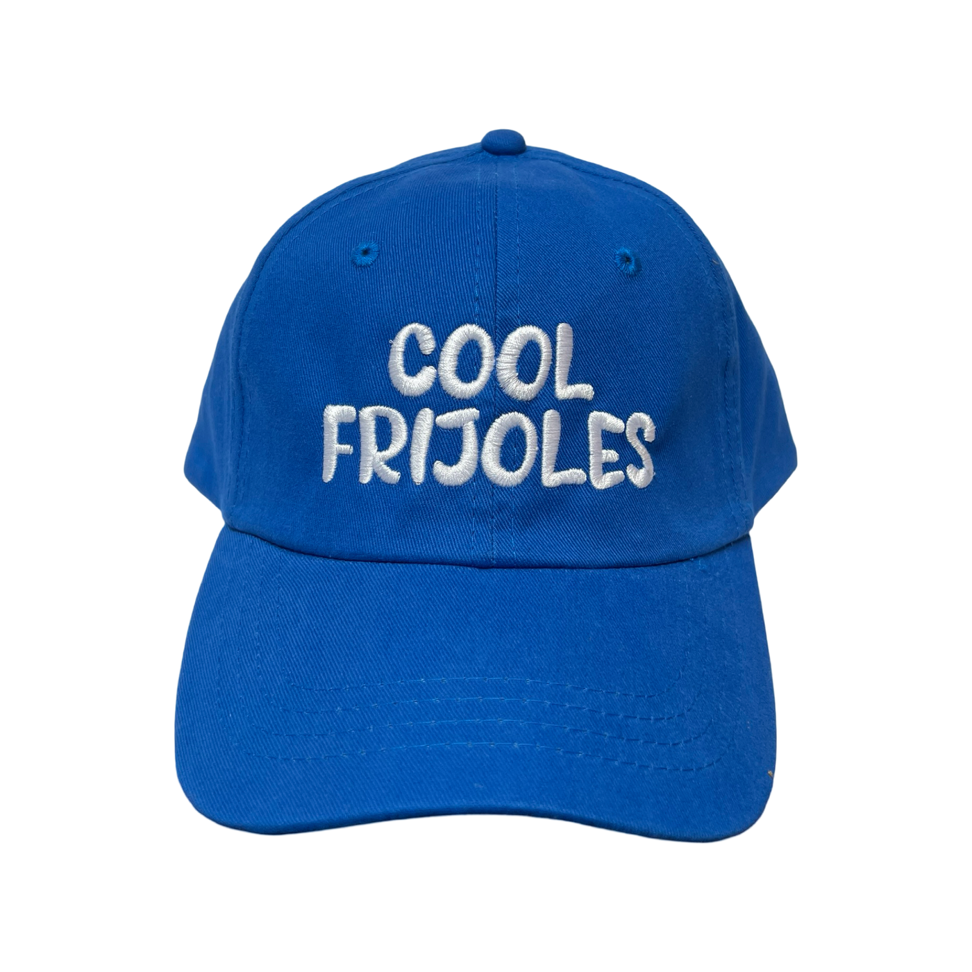 front view of a blue hat with the phrase cool frijoles in white lettering