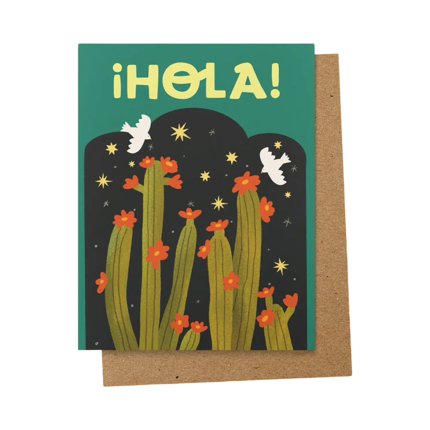 front of greeting card featuring a nighttime cactus scene with blossoms & birds. Text reads "¡Hola!"