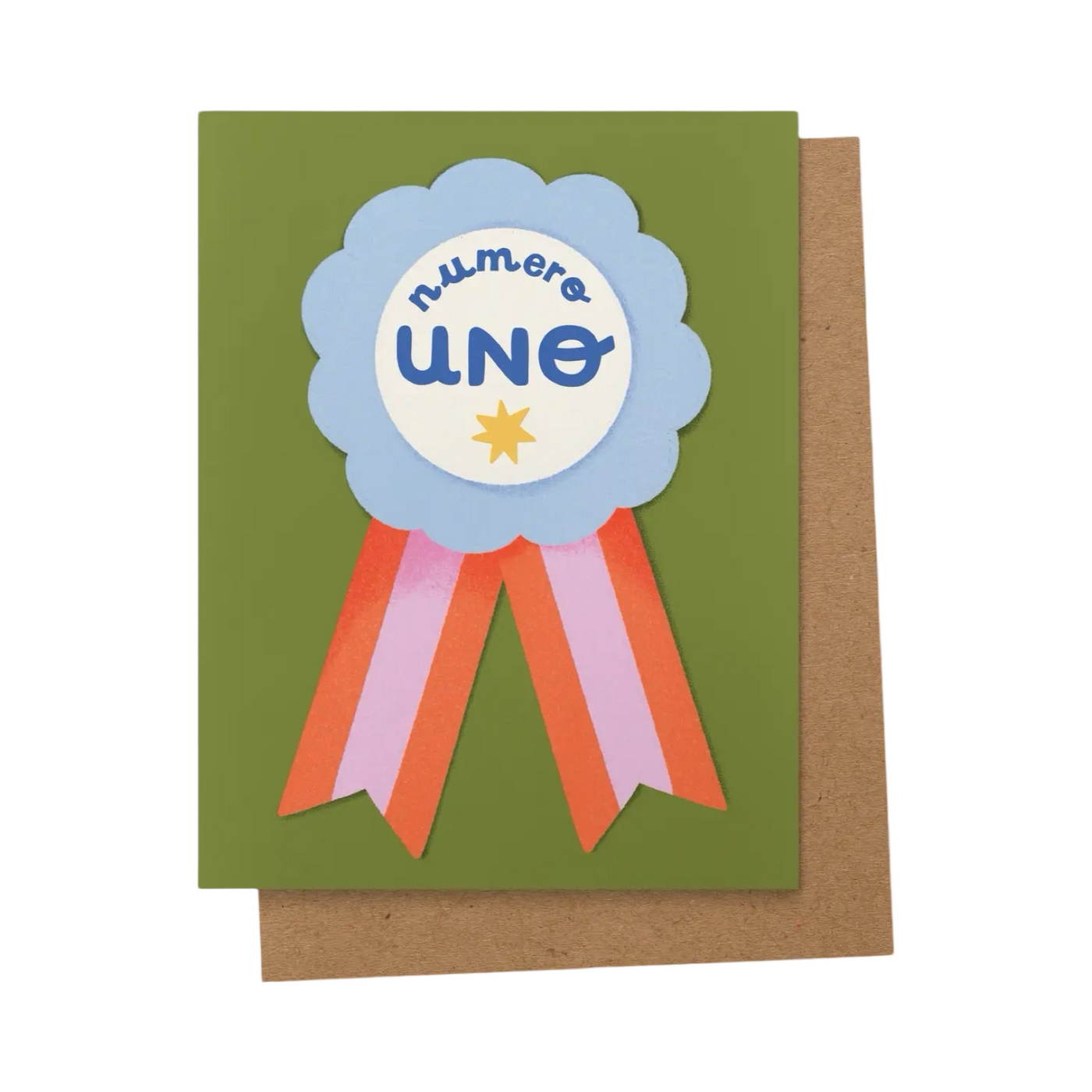 front of greeting card featuring a green background with a multicolor participation ribbon. Text reads "numero uno"