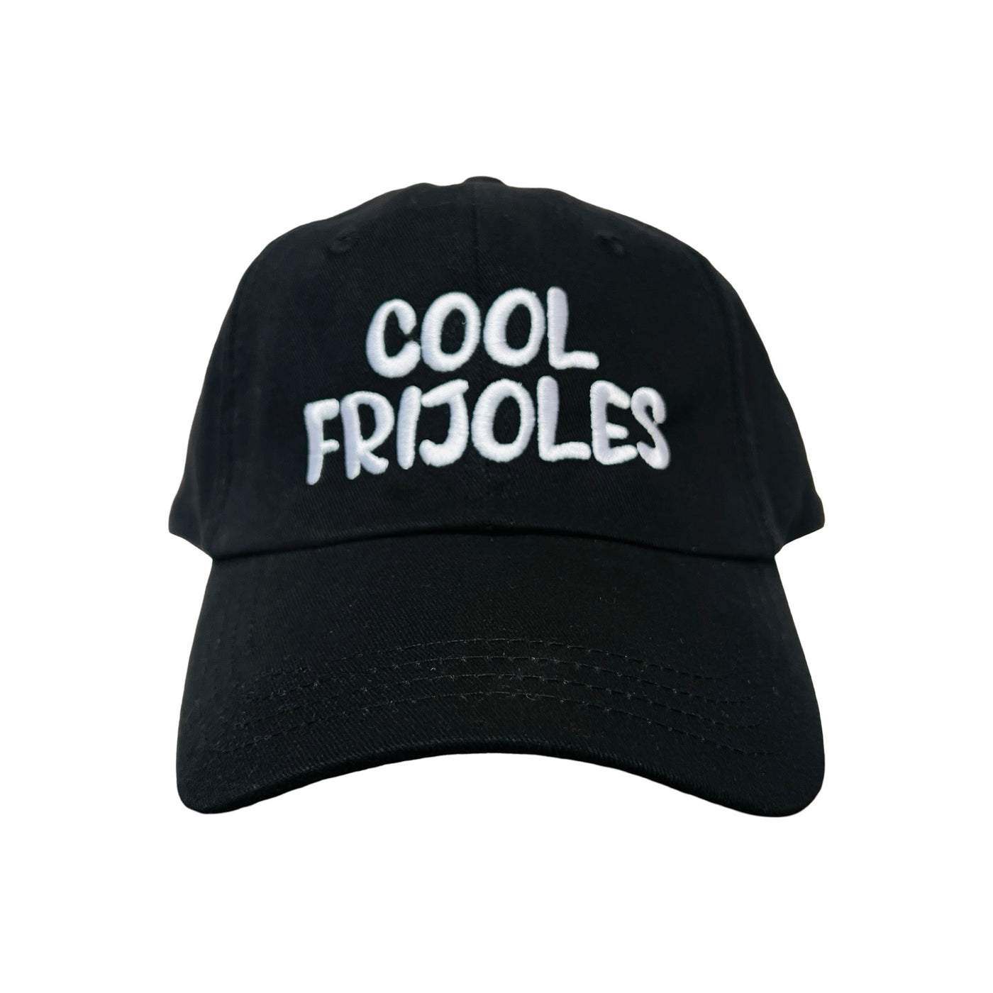 front view of a black hat with the phrase cool frijoles in white lettering