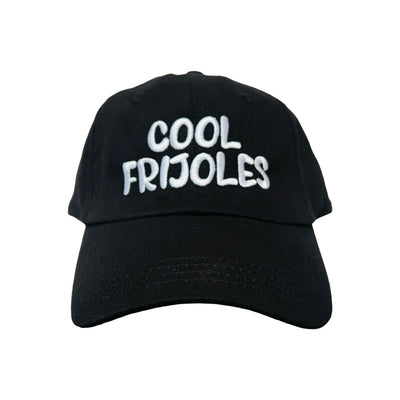 front view of a black hat with the phrase cool frijoles in white lettering