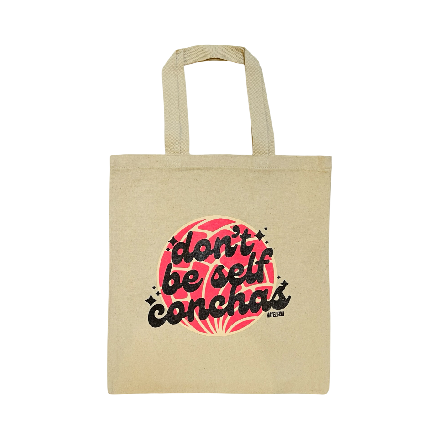 natural canvas tote bag with an image of a pink concha and the phrase Don't Be Self Conchas in dark brown lettering.