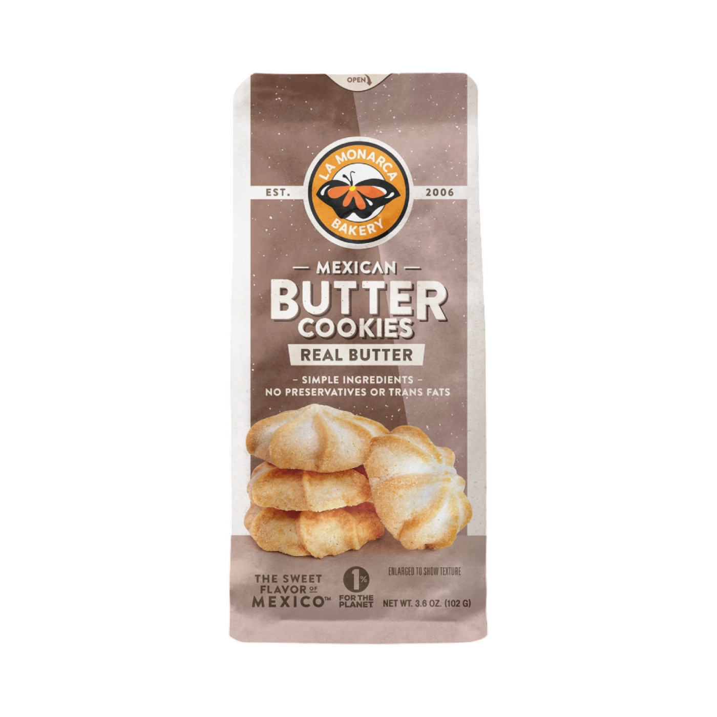 A bag of La Monarca Bakery Mexican Butter Cookies, featuring neutral-toned packaging with the brand’s logo at the top. The front highlights key details, including "real butter," "simple ingredients," and "no preservatives or trans fats." An image of the golden, flower-shaped butter cookies is displayed, showcasing their crisp and delicate texture. Net weight: 3.6 oz (102g).