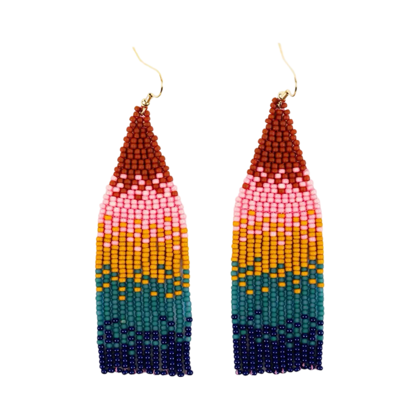 pair of ombre seed bead fringe earrings that feature the following colors: brick red, light pink, light orange, teal and navy blue