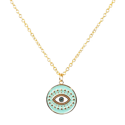 gold chain with a round brass eye pendant with turquoise enamel detailing