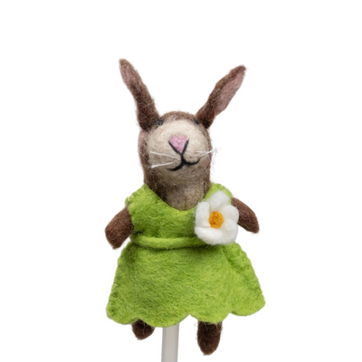 brown felt bunny pencil topper with a green dress featuring a white flower