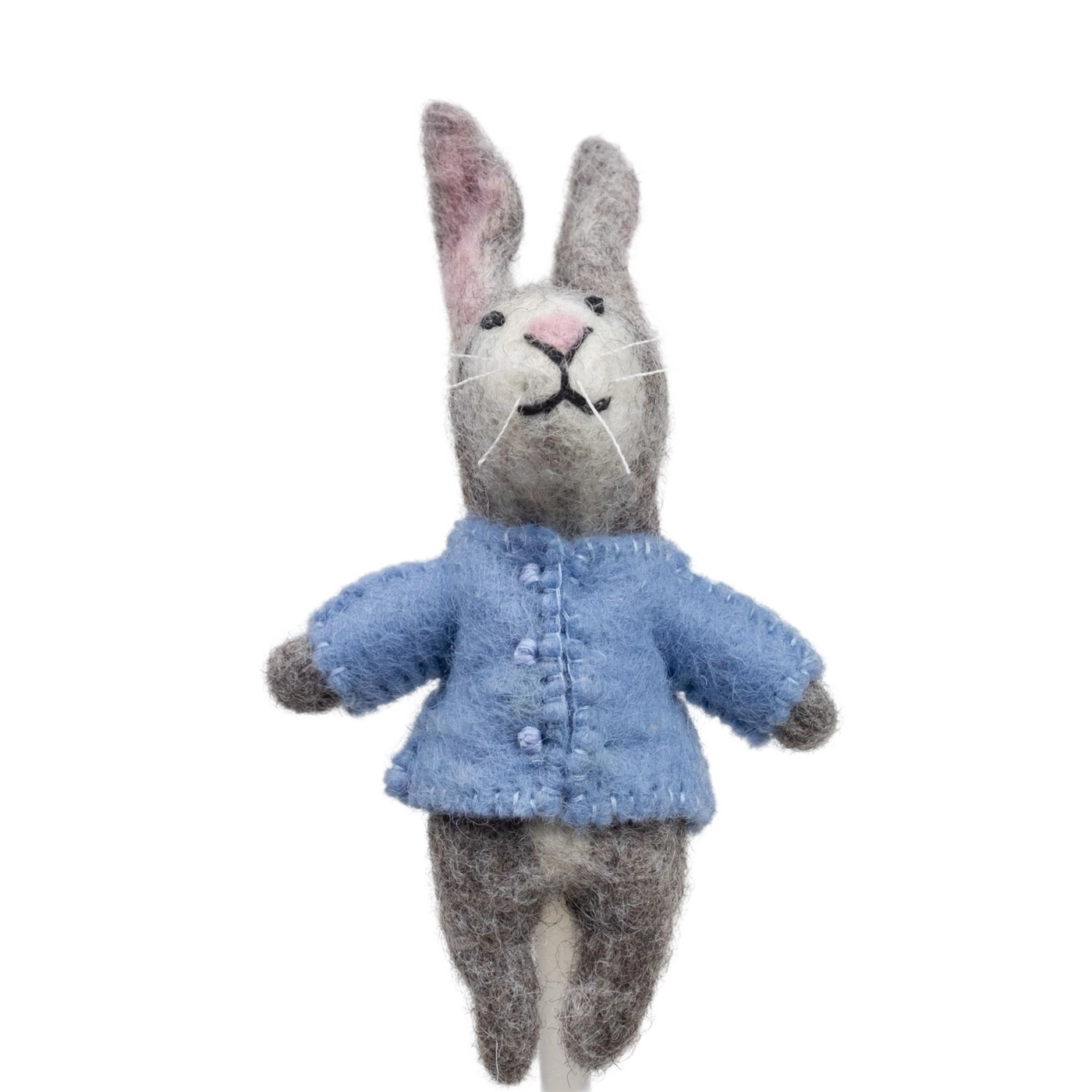 grey felt bunny pencil topper with a light blue jacket