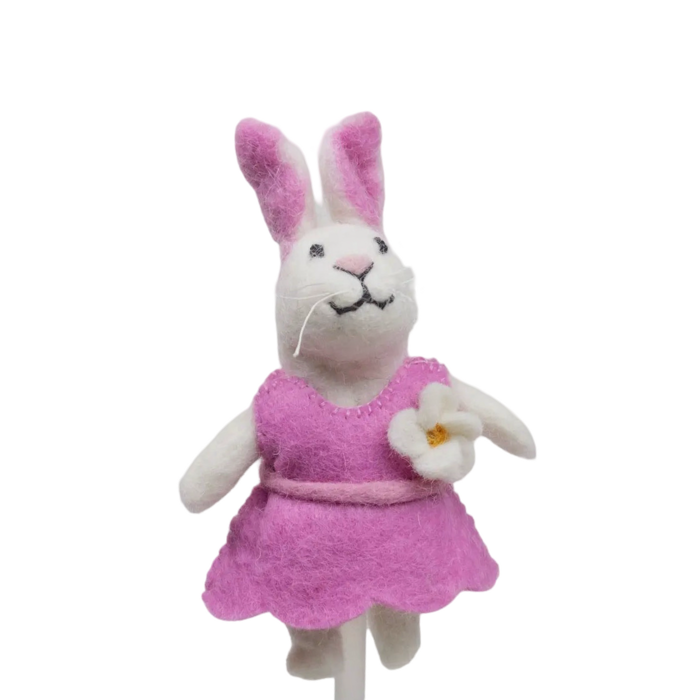 white felt bunny pencil topper with a pink dress featuring a white flower