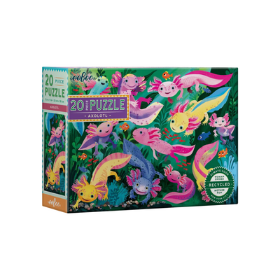 A colorful 20-piece Axolotl puzzle by eeBoo, featuring an illustration of pink, blue, and yellow axolotls swimming among green plants and small fish. 