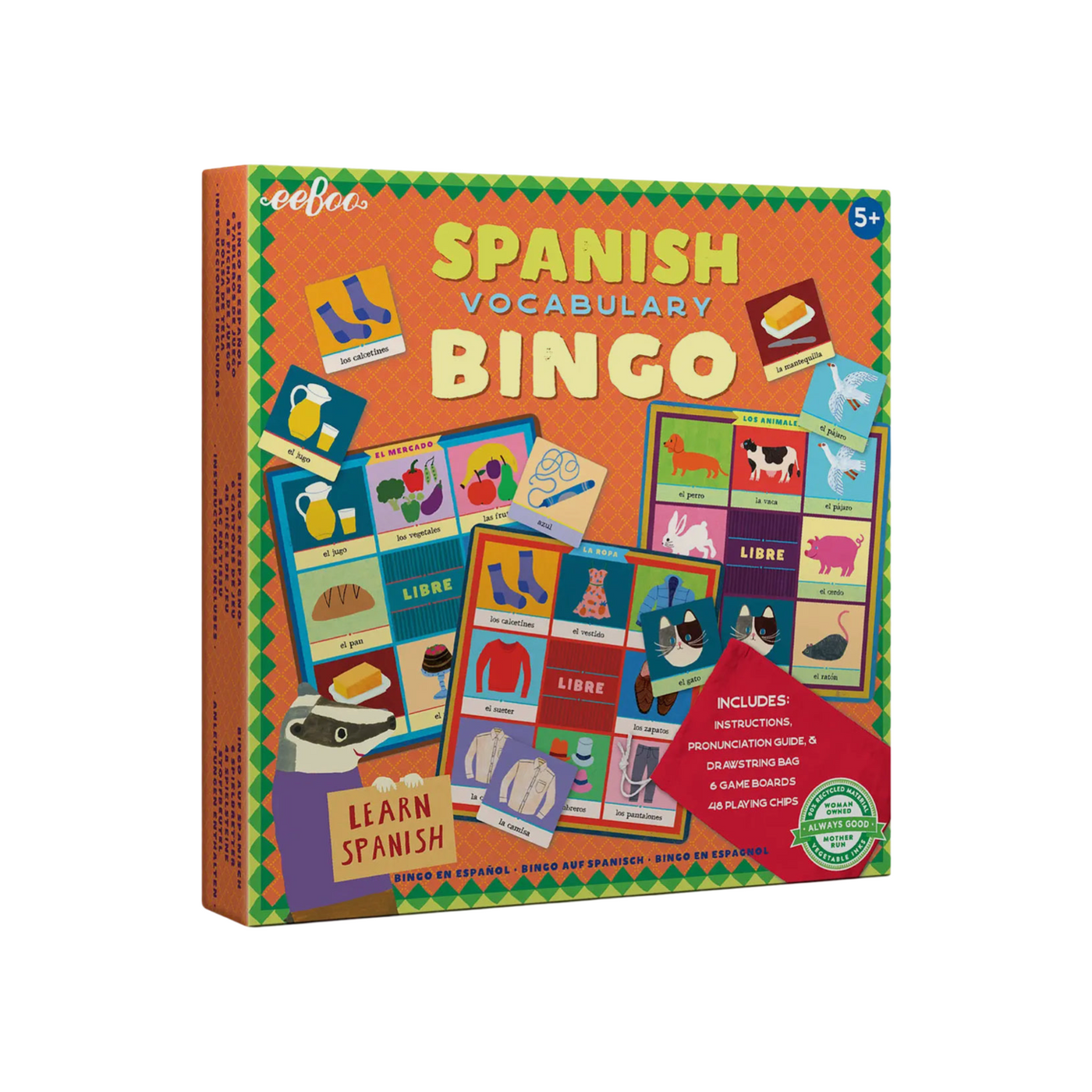 A colorful Spanish Vocabulary Bingo game by eeBoo, featuring illustrated game boards with Spanish words for clothing, animals, and food. The packaging highlights that it includes six game boards, 48 playing chips, instructions, and a pronunciation guide, making language learning fun and interactive.