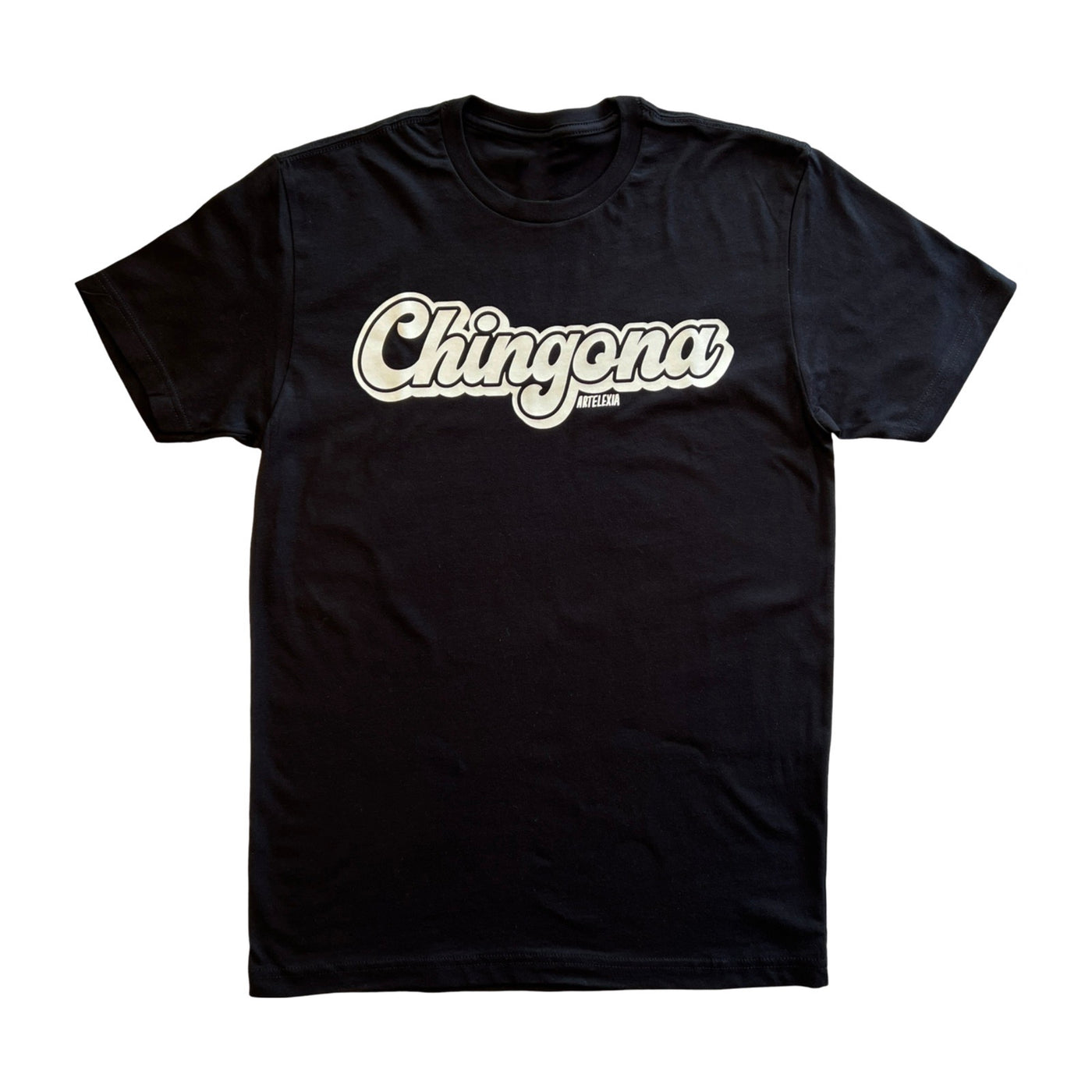 black shirt with the phrase Chingona in white lettering